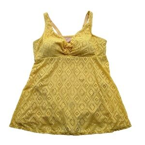 Catherines Swim Dress Womens 22W Yellow Crochet Lace Twist Front Boho Swimsuit